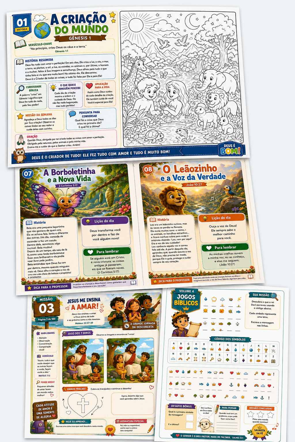 Páginas de atividades bíblicas infantis coloridas e para colorir, com histórias como A Criação do Mundo, A Borboletinha e a Nova Vida, O Leãozinho e a Voz da Verdade, e Jesus me Ensina a Amar