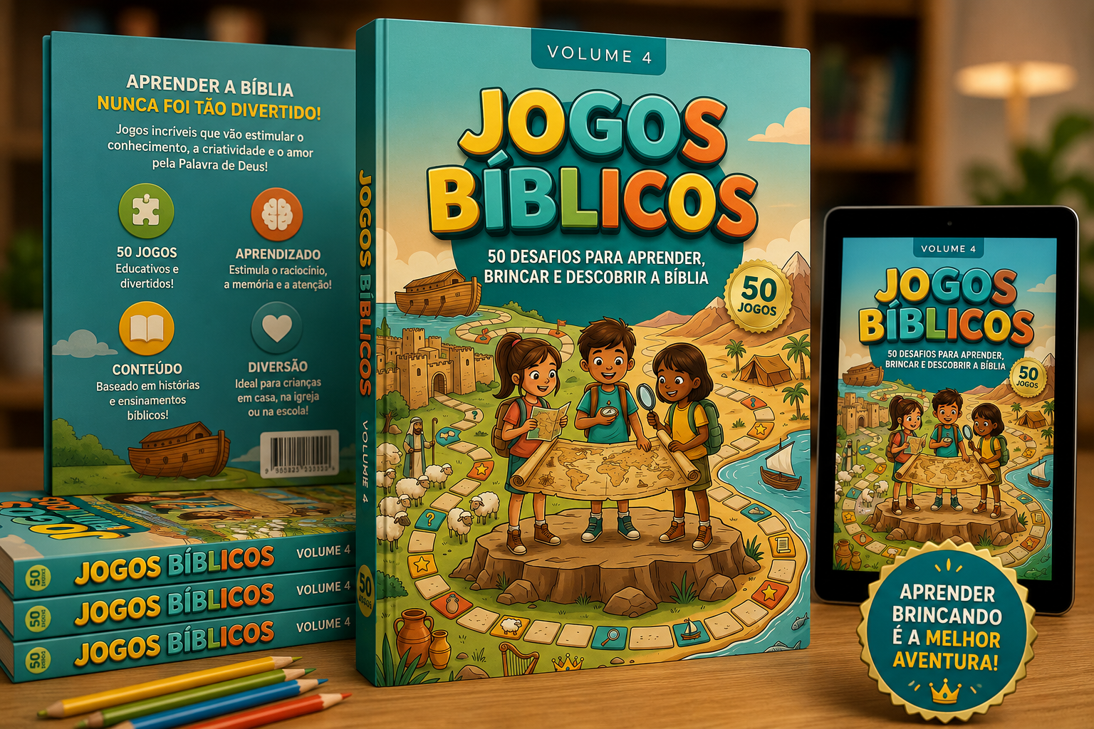 Livro Jogos Bíblicos Volume 4 com 50 desafios para aprender, brincar e descobrir a Bíblia